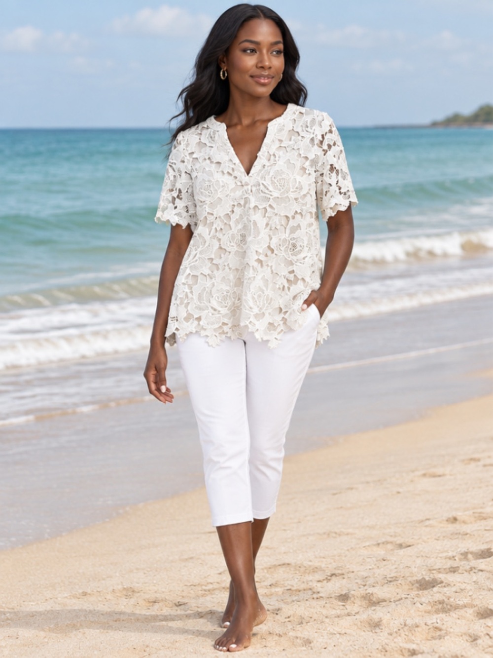 Umgee White Floral Lace V-Neck Short Sleeve Top